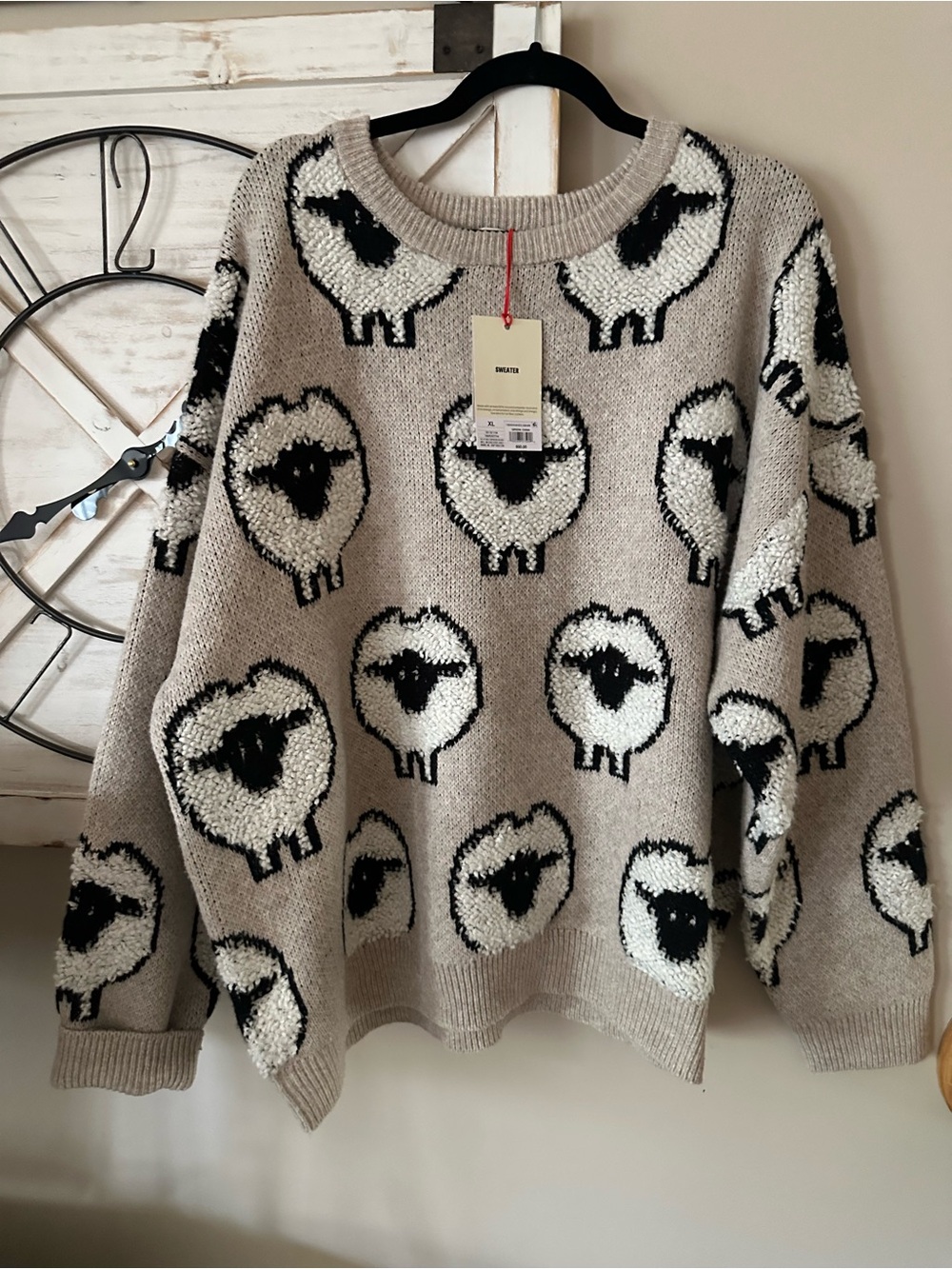Woolrich Beige Crewneck Sweater with White & Black Sheep Intarsia